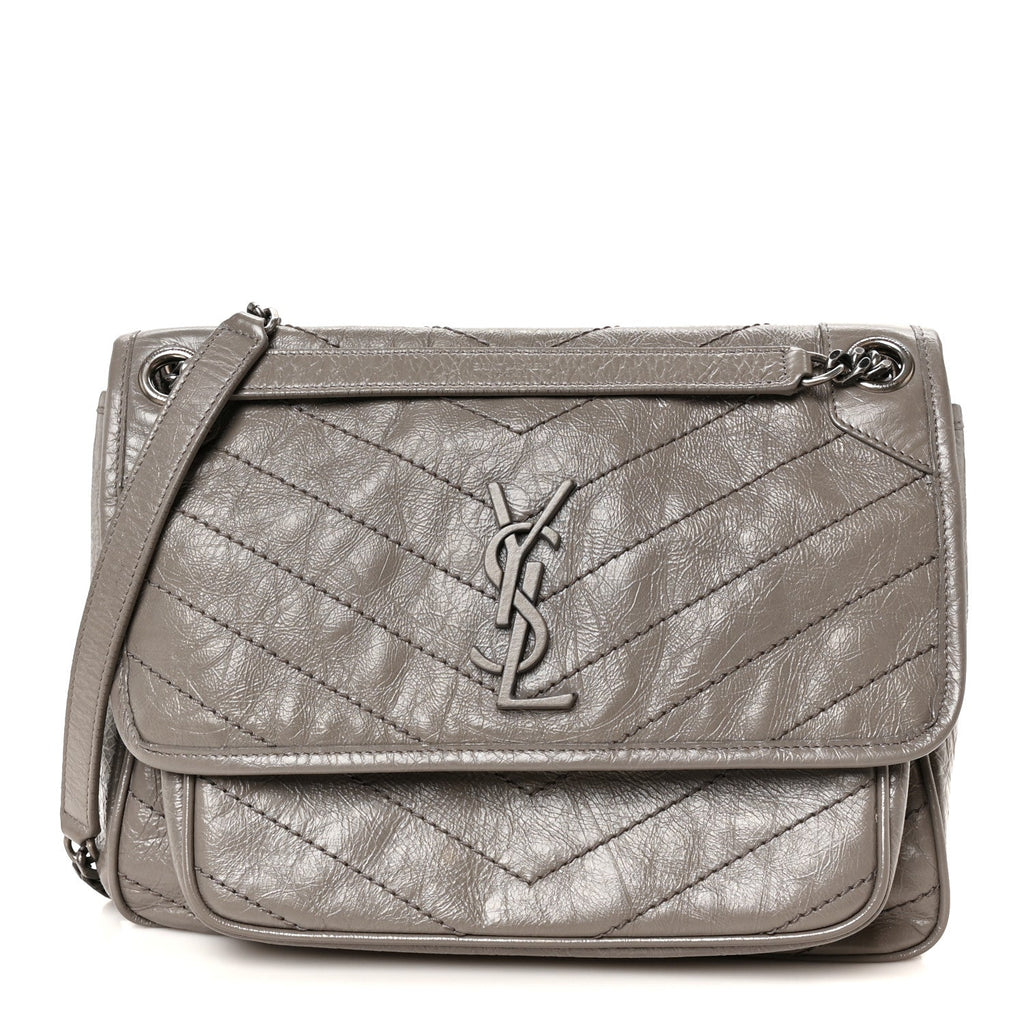 Crinkled Calfskin Matelasse Monogram Medium Niki Chain Satchel Fog