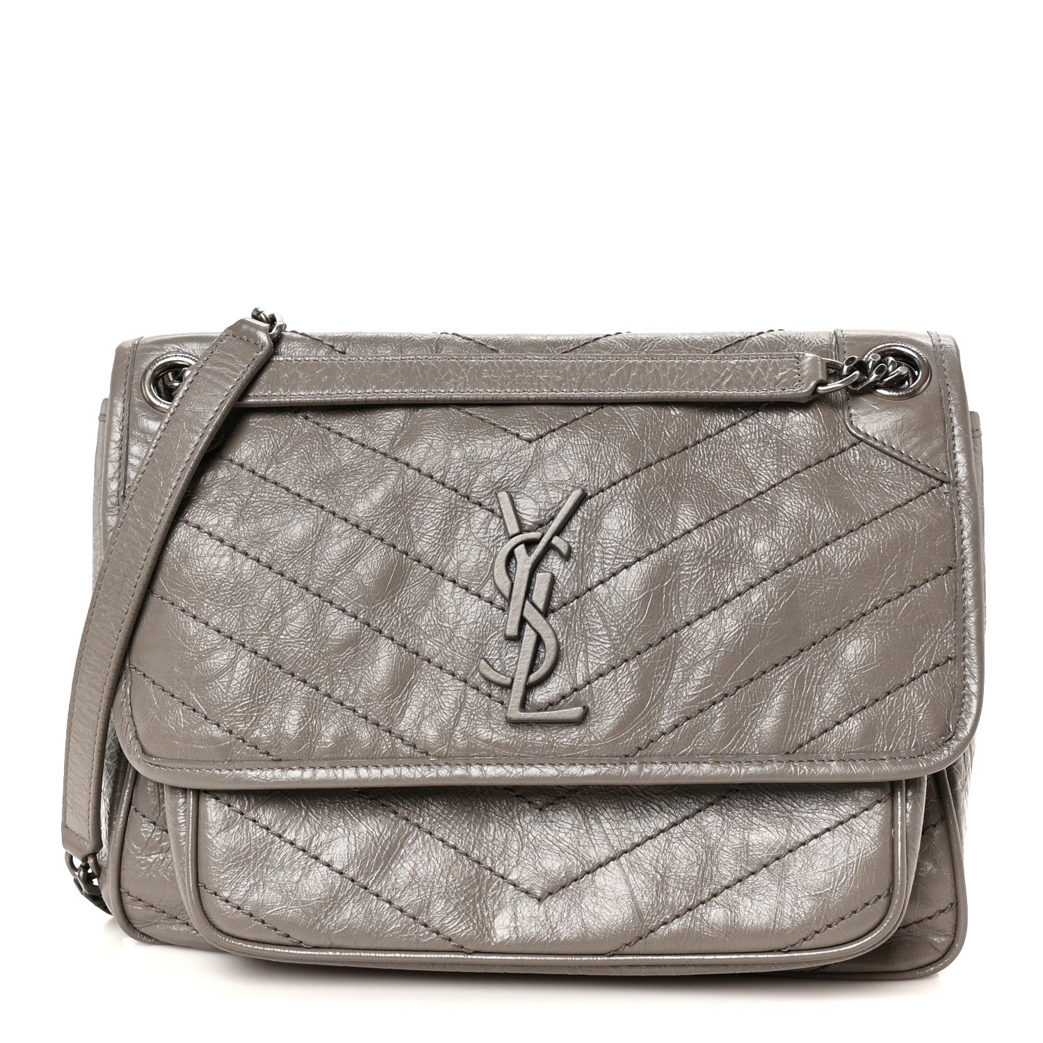 Crinkled Calfskin Matelasse Monogram Medium Niki Chain Satchel Fog
