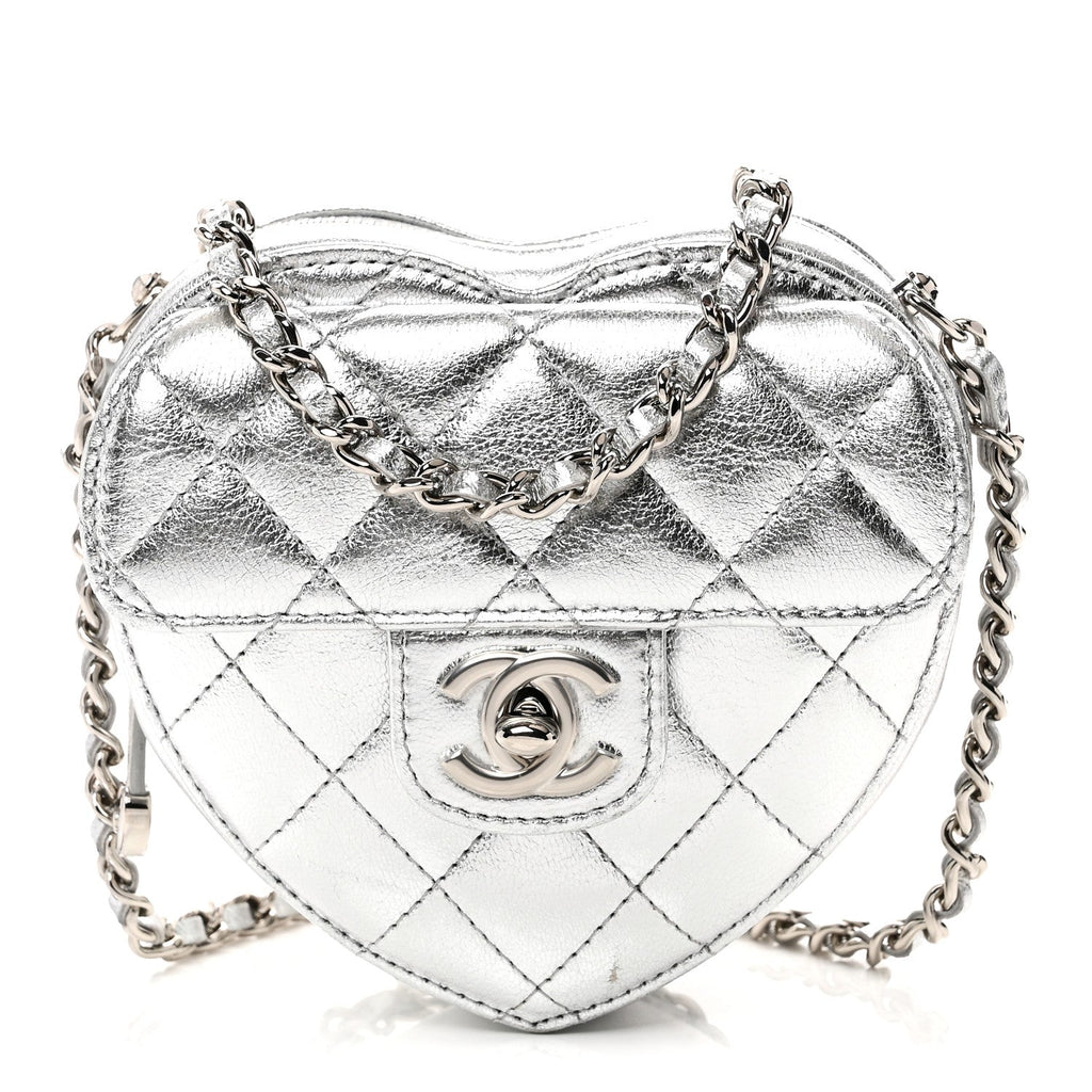 Metallic Lambskin Quilted CC In Love Heart Clutch With Chain Silver