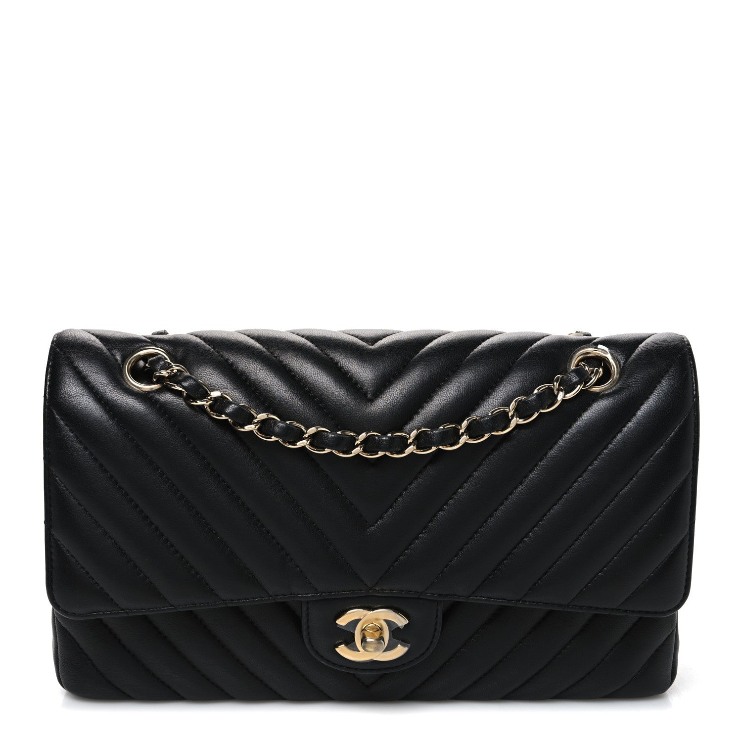 Lambskin Chevron Quilted Medium Double Flap Black