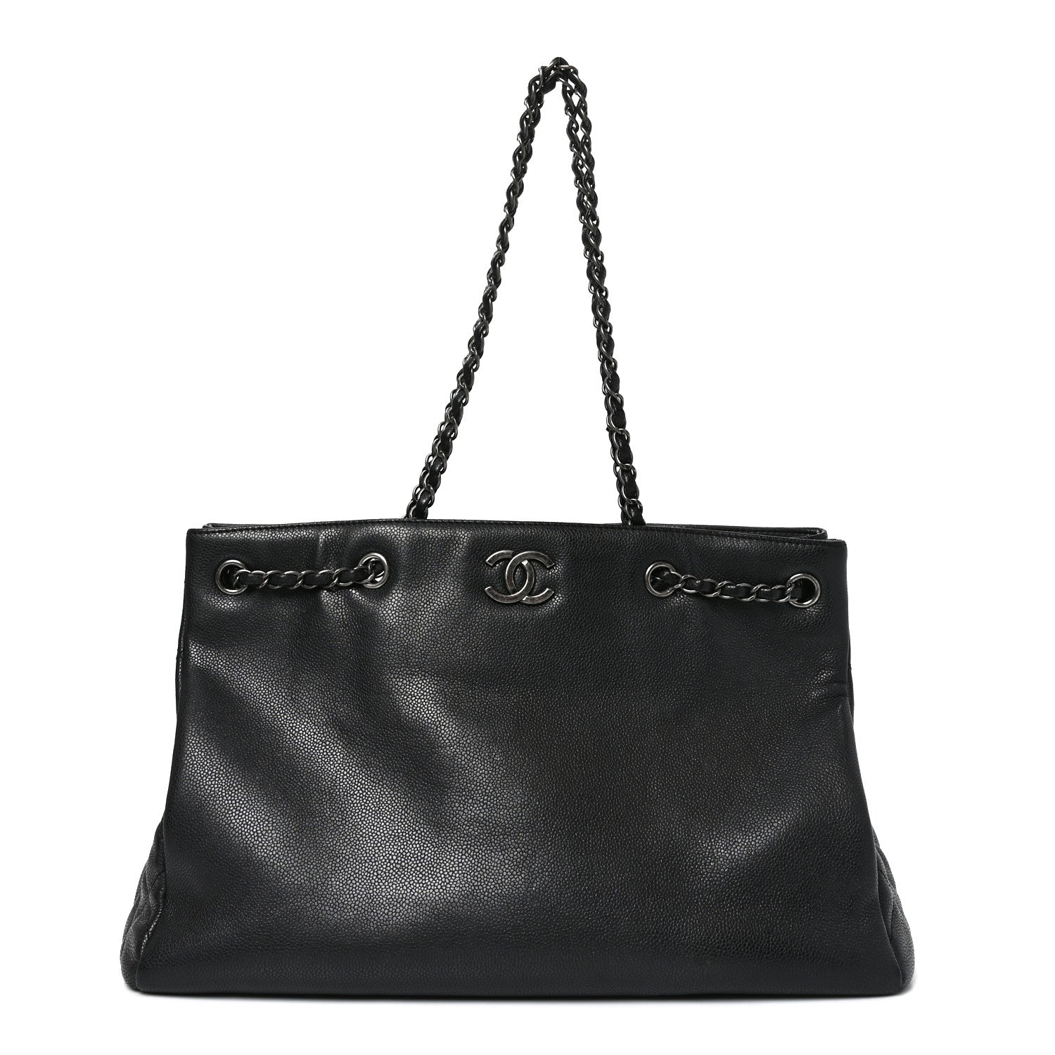 Metallic Grained Calfskin Woven Chain Large Shopping Bag Black