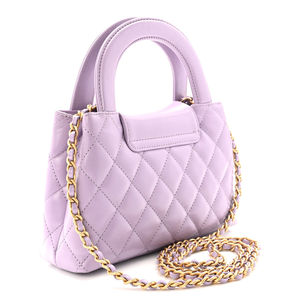 Shiny Aged Calfskin Quilted Nano Kelly Shopper Lilac
