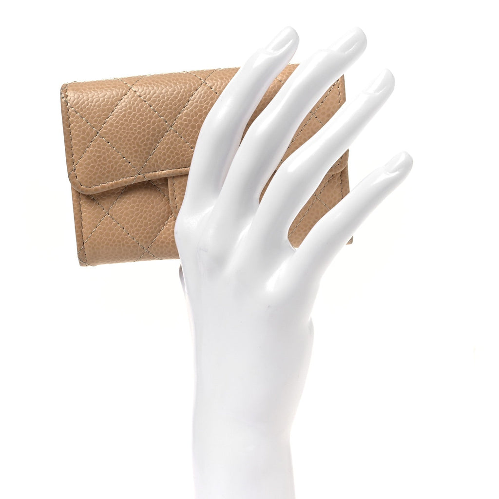Caviar Quilted Flap Card Holder Wallet Beige