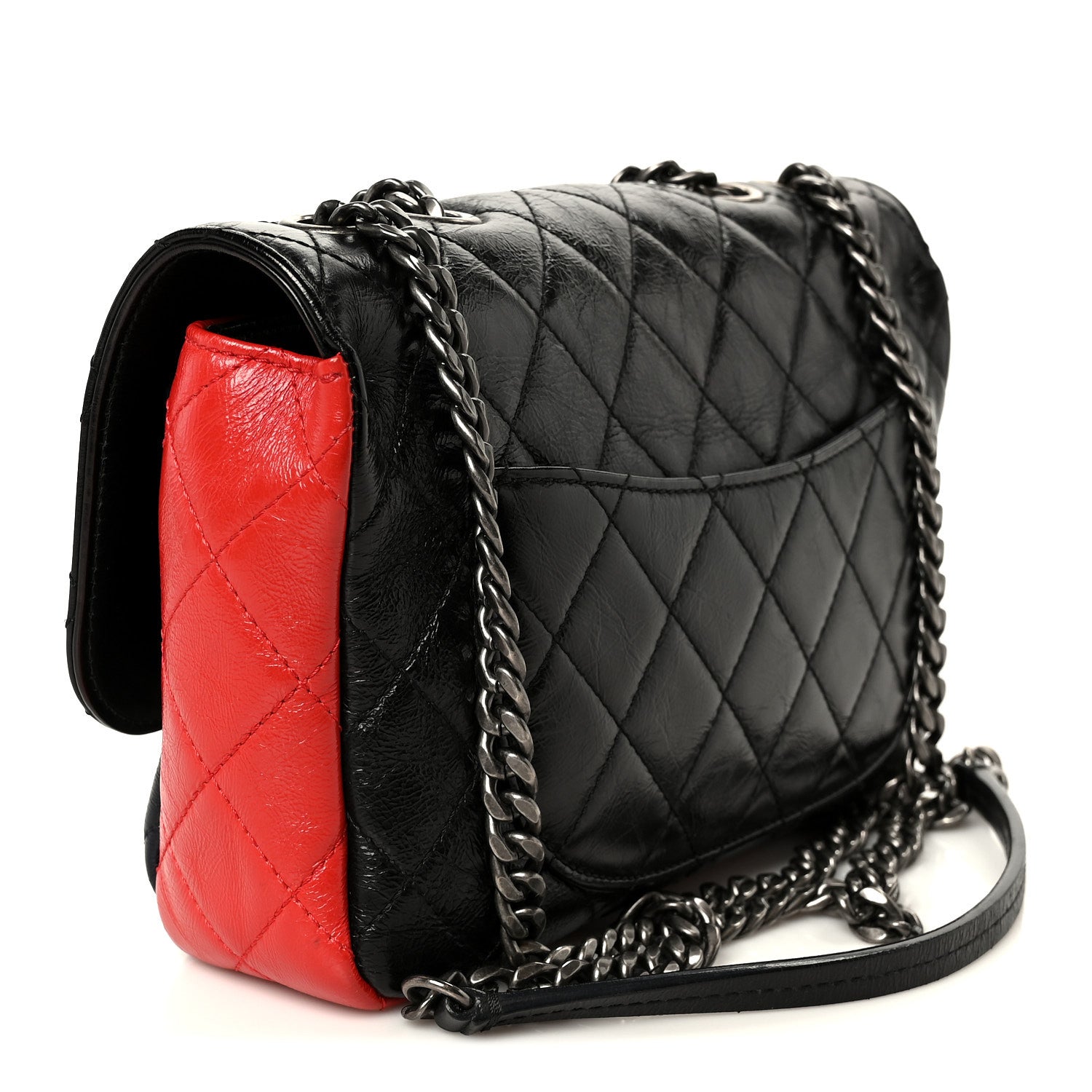 Shiny Goatskin Quilted Tri-Color Flap Black Red Navy