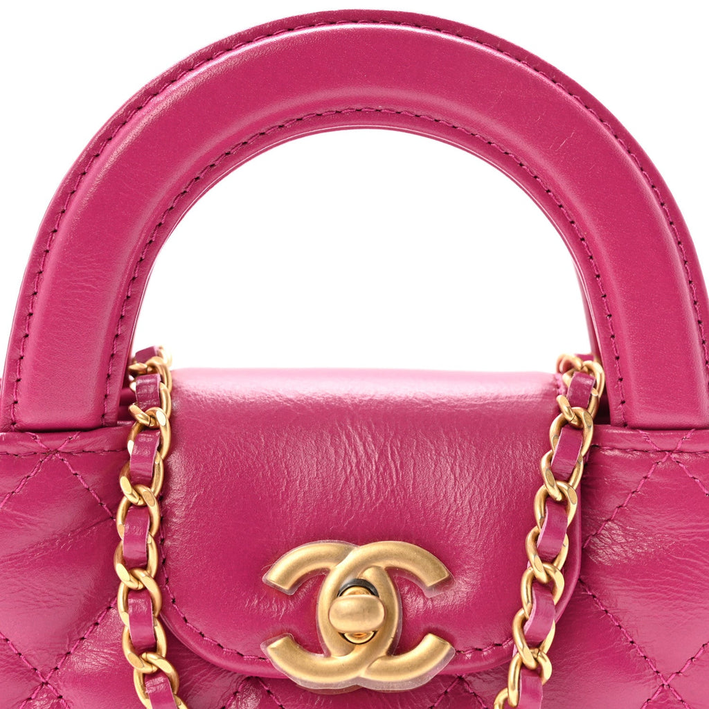 Shiny Aged Calfskin Quilted Mini Nano Kelly Shopper Dark Pink