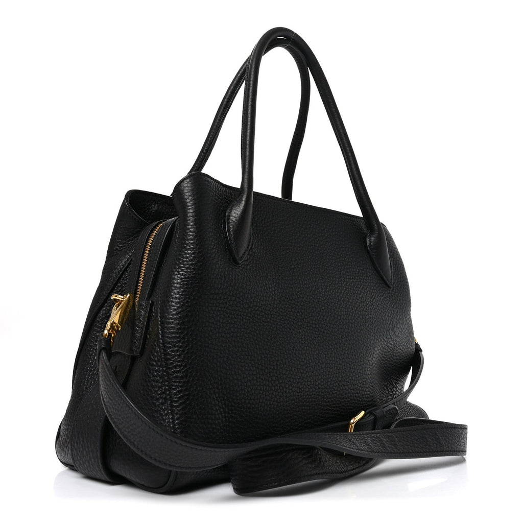 Vitello Daino Soft Zippered Top Handle Bag Black