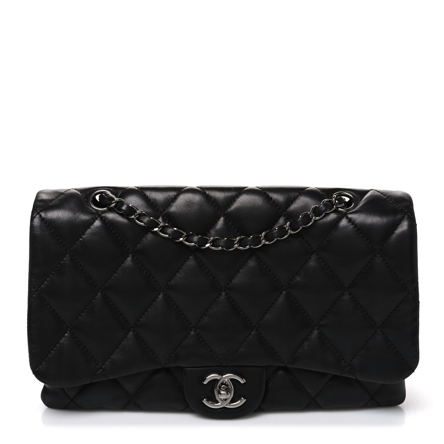 Lambskin Quilted Jumbo 3 Flap Black