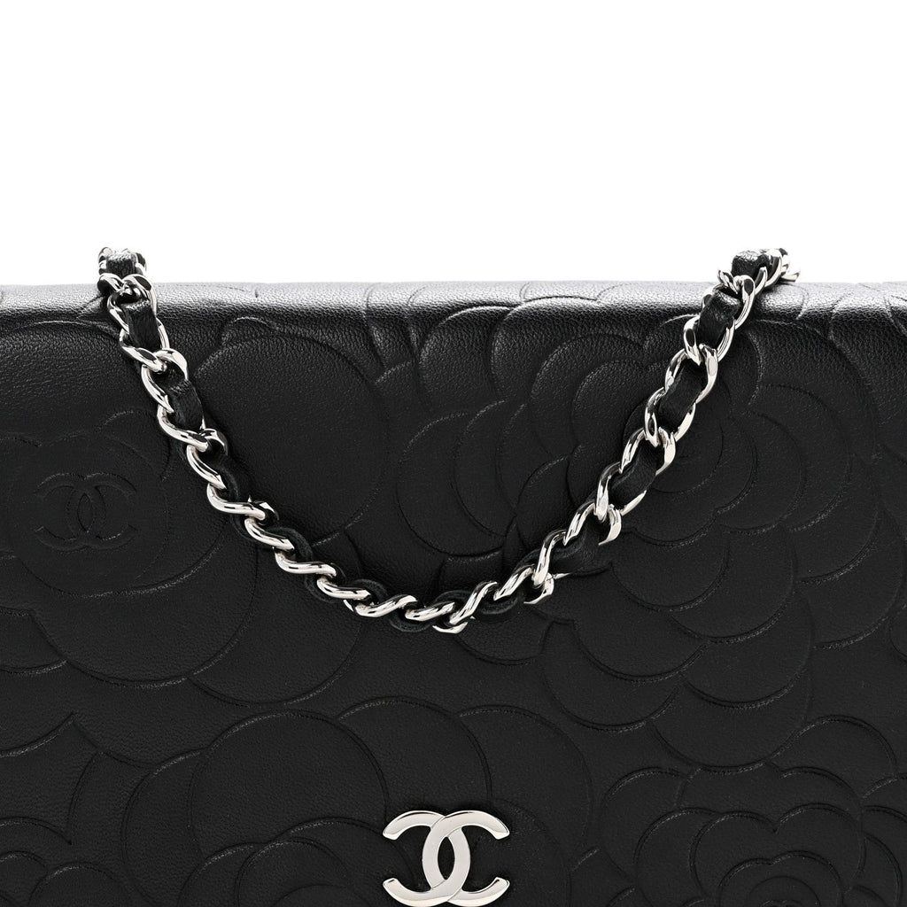 Lambskin Camellia Embossed Wallet On Chain WOC Black