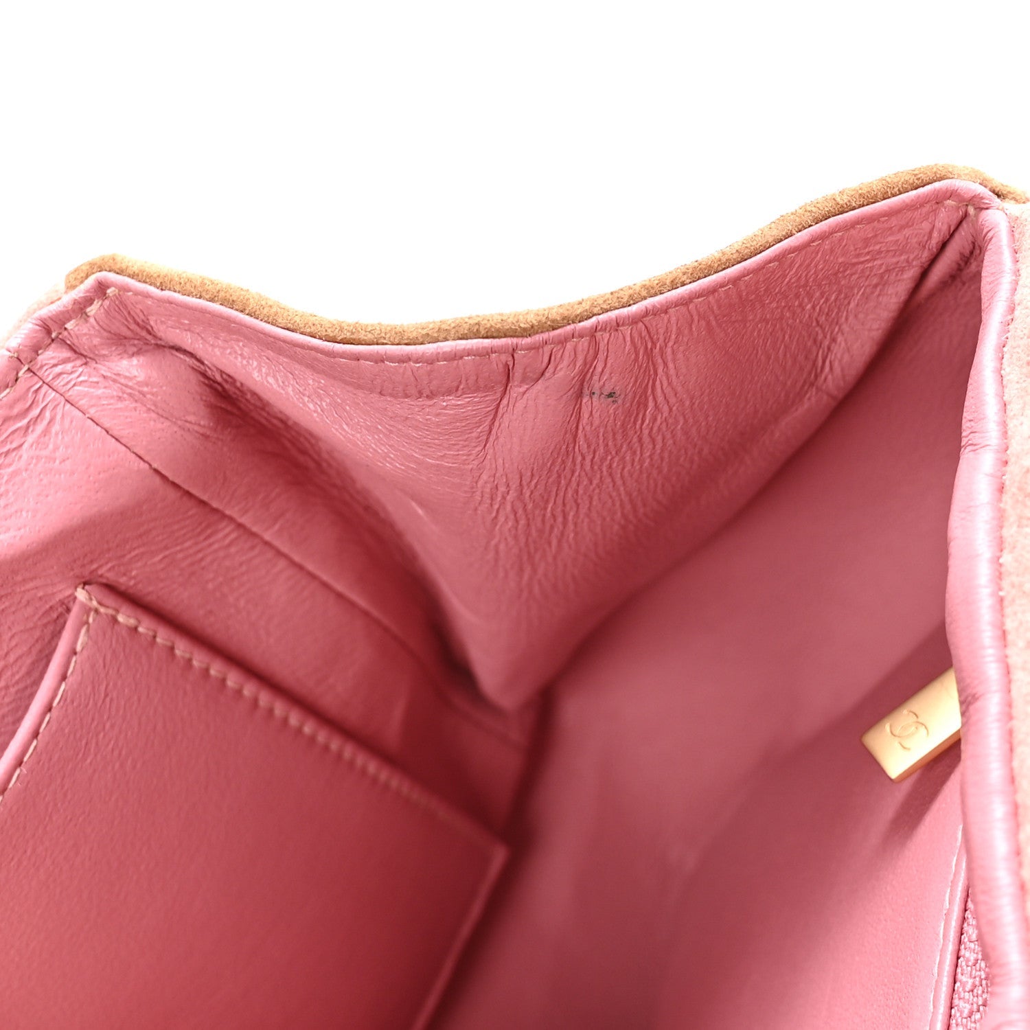 Suede Chocolate Bar Top Handle Flap Pink Beige