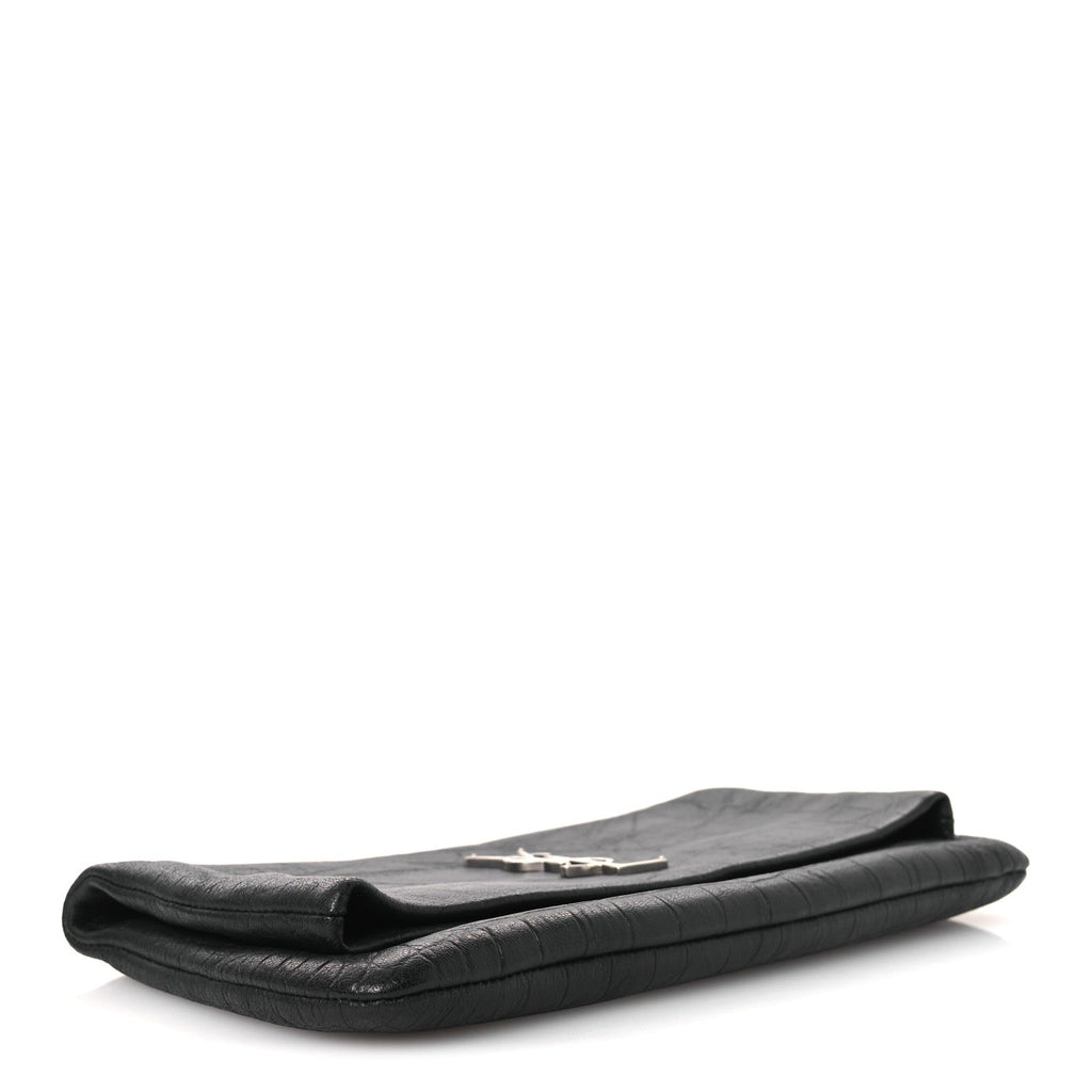 Calfskin Crocodile Embossed West Hollywood Monogram Fold Over Clutch Black