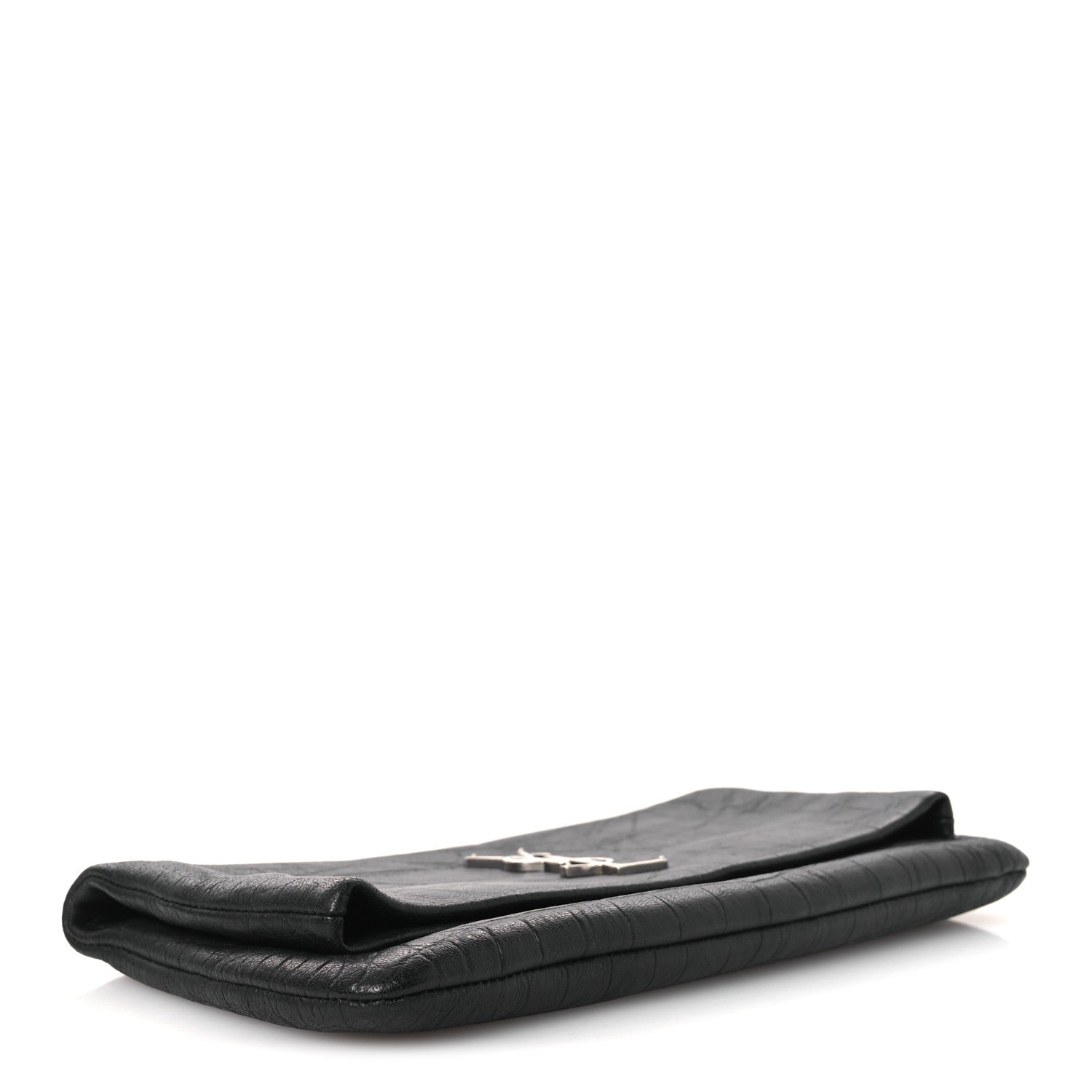 Calfskin Crocodile Embossed West Hollywood Monogram Fold Over Clutch Black
