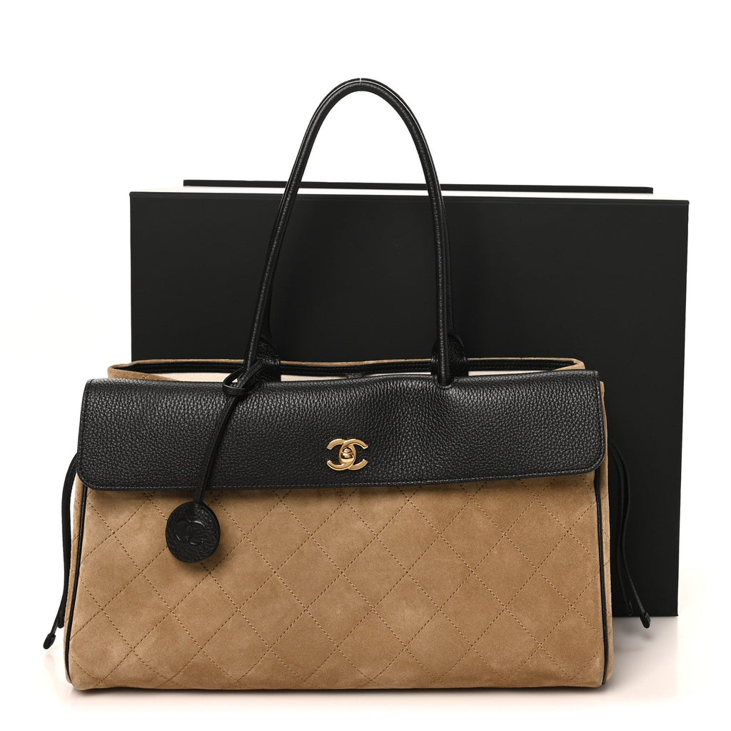 Grained Calfskin Suede Urban Essentials Large Shopping Bag Dark Beige Black Dark Beige Black