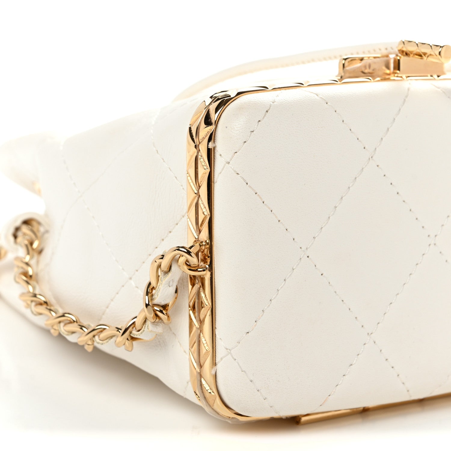 Metal Lambskin Quilted Small Chain Bucket Bag White