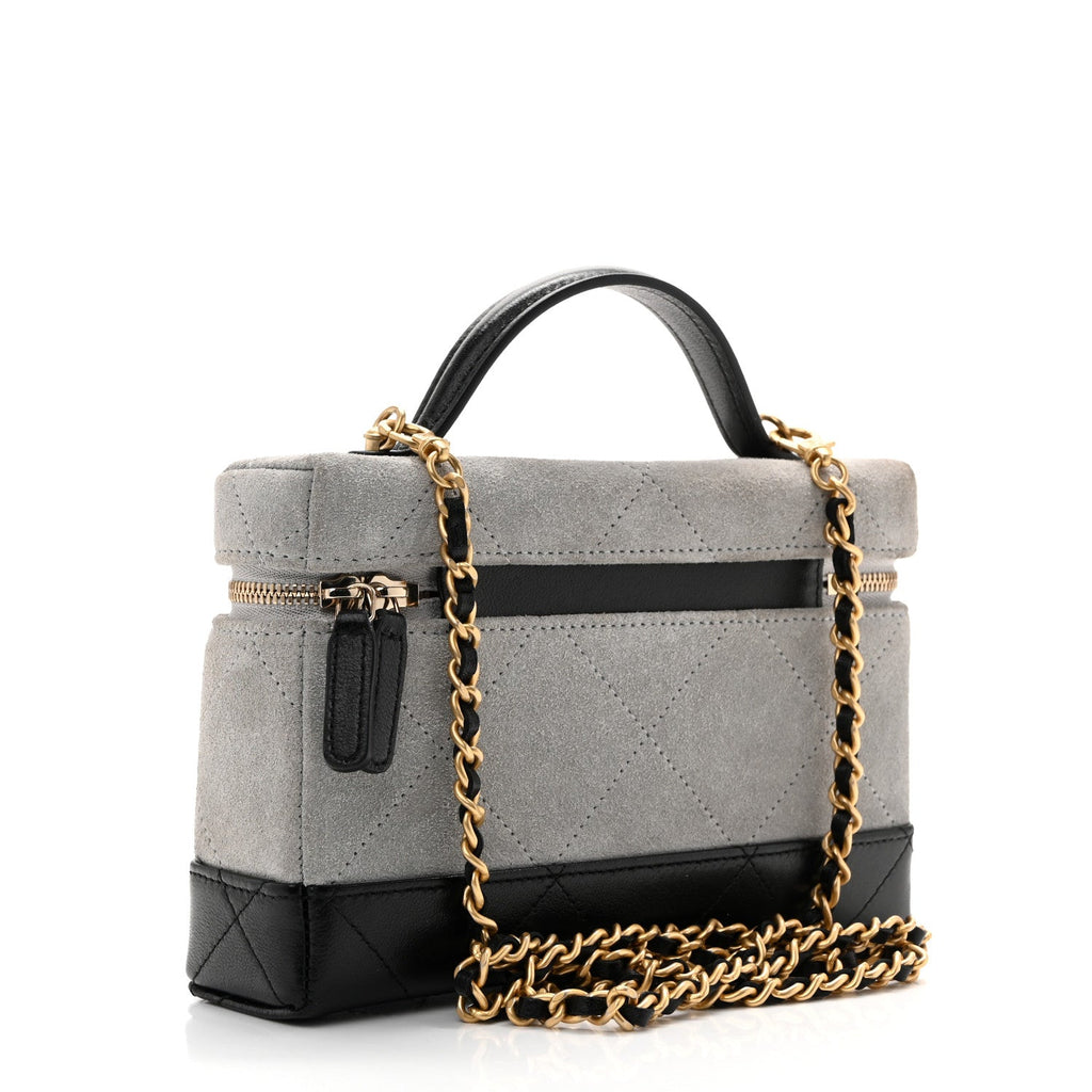 Suede Calfskin Shiny Lambskin Quilted Top Handle Slim Vanity Case With Chain Grey Black Grey Black
