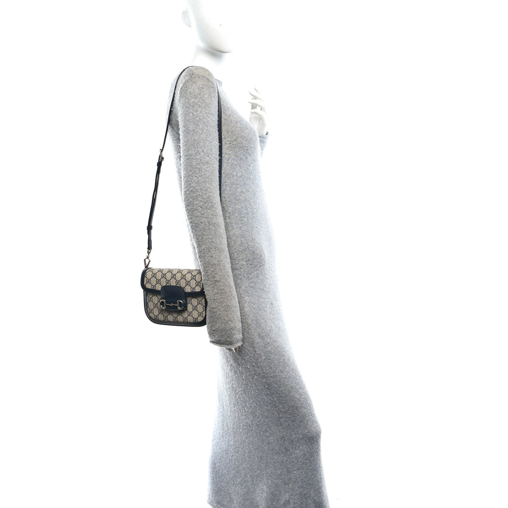 GG Supreme Monogram Textured Dollar Calfskin Web Mini Horsebit 1955 Shoulder Bag Beige Blue