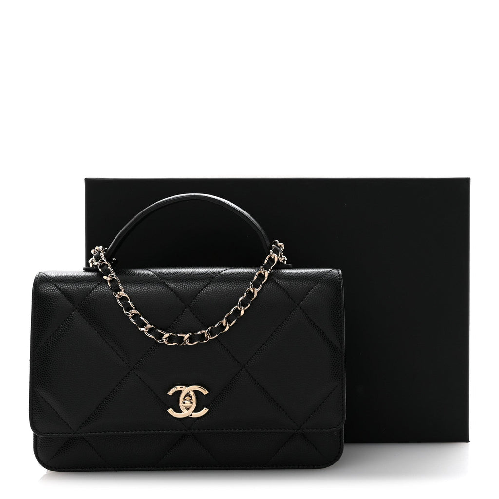 Shiny Caviar Quilted Turnlock Top Handle Wallet On Chain WOC Black
