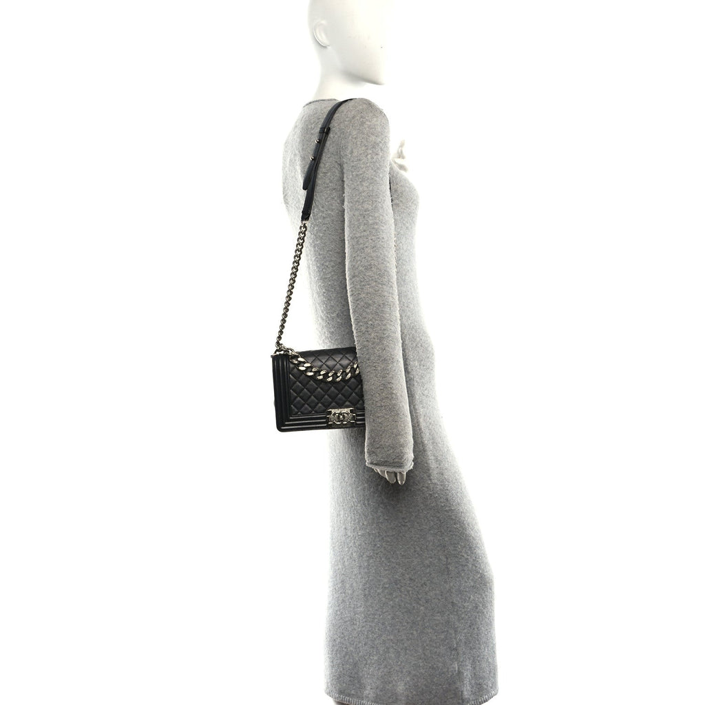 Metallic Lambskin Quilted Crystal Medium Boy Flap Grey
