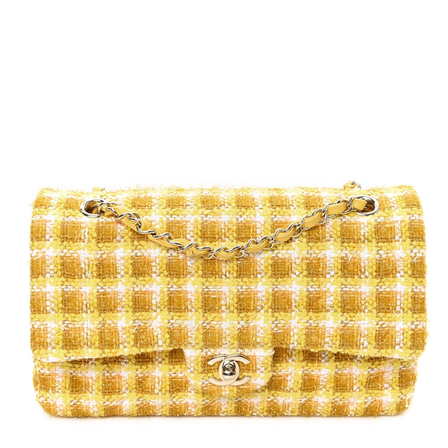 Tweed Quilted Medium Double Flap Yellow White Ochre