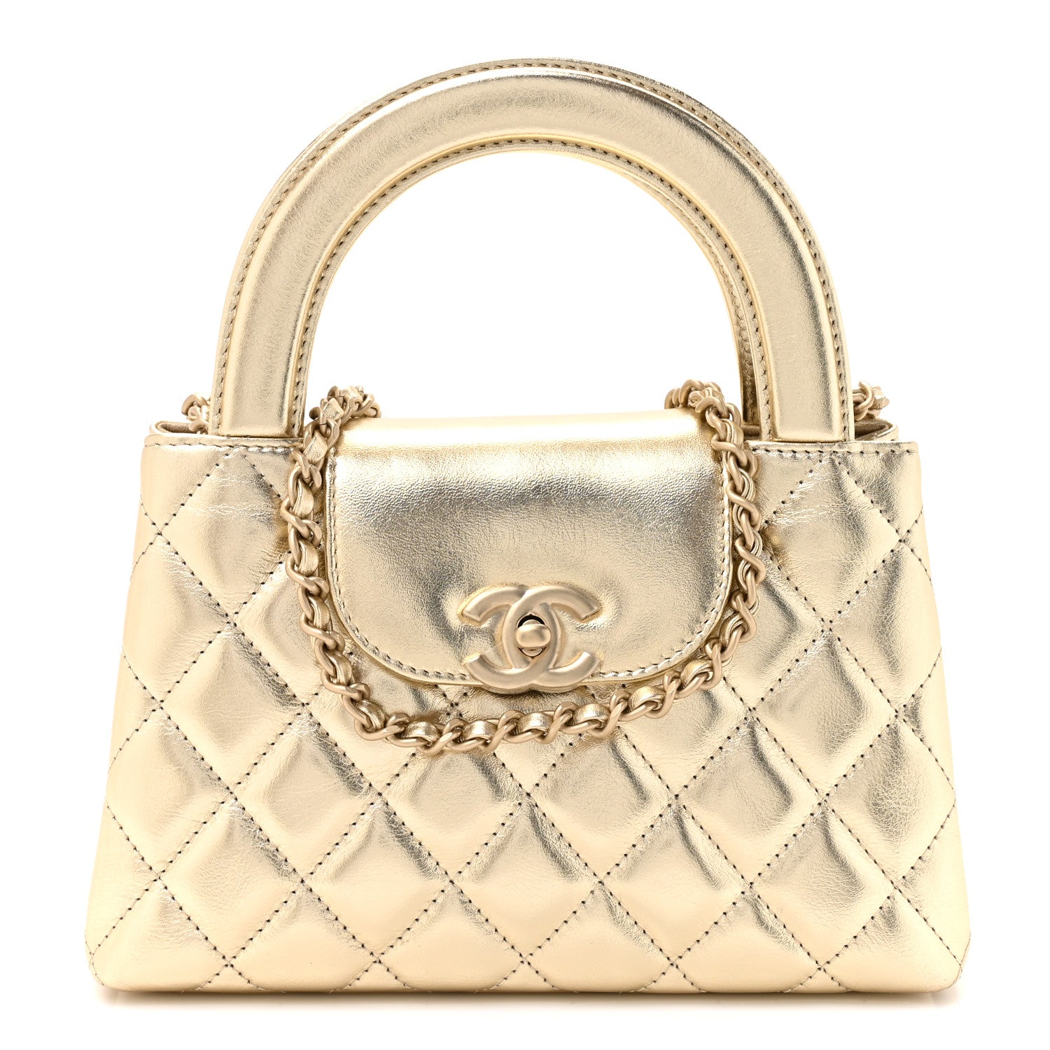 Metallic Shiny Aged Calfskin Quilted Nano Kelly Shopper Gold