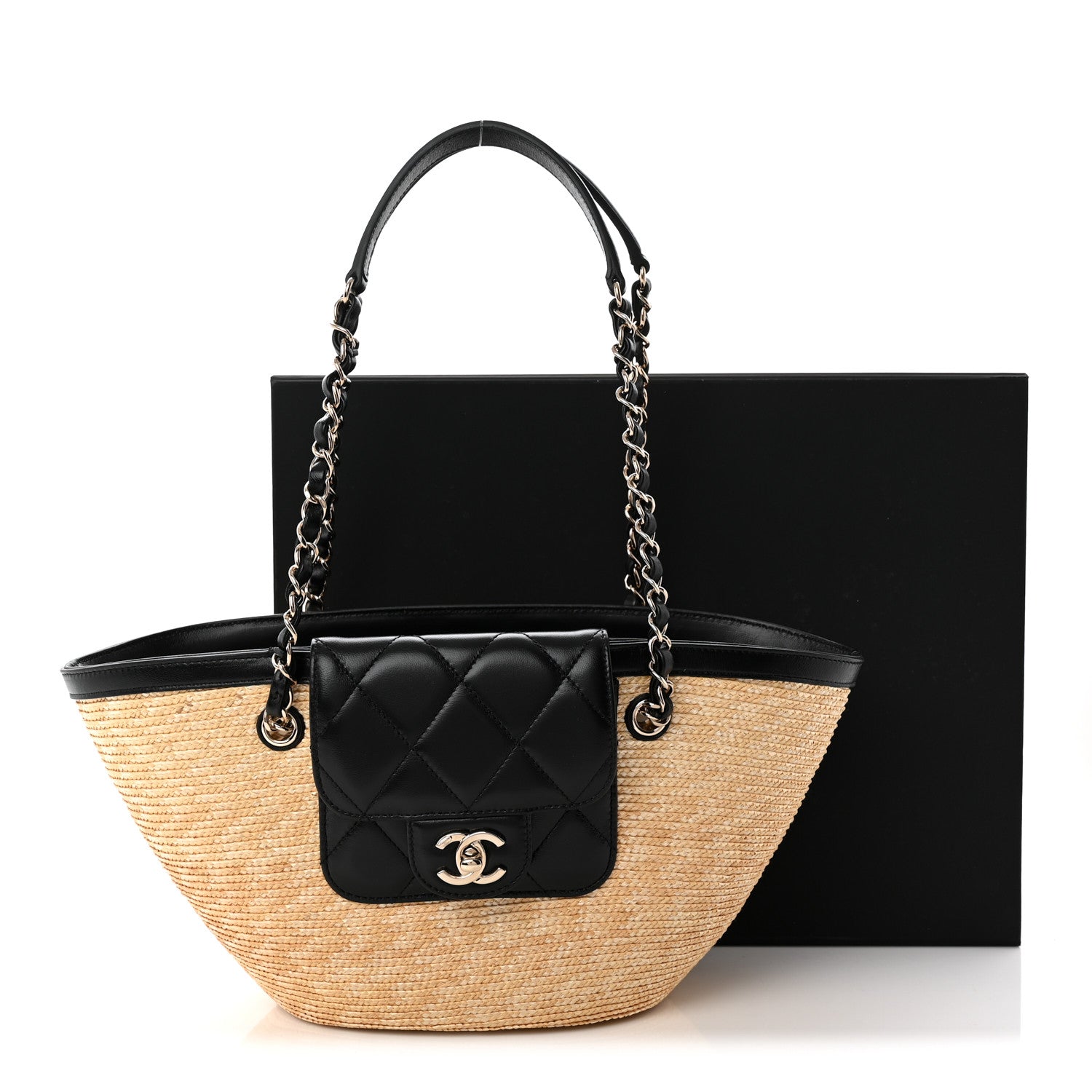 Raffia Braided Lambskin Small Shopping Tote Beige Black Beige Black