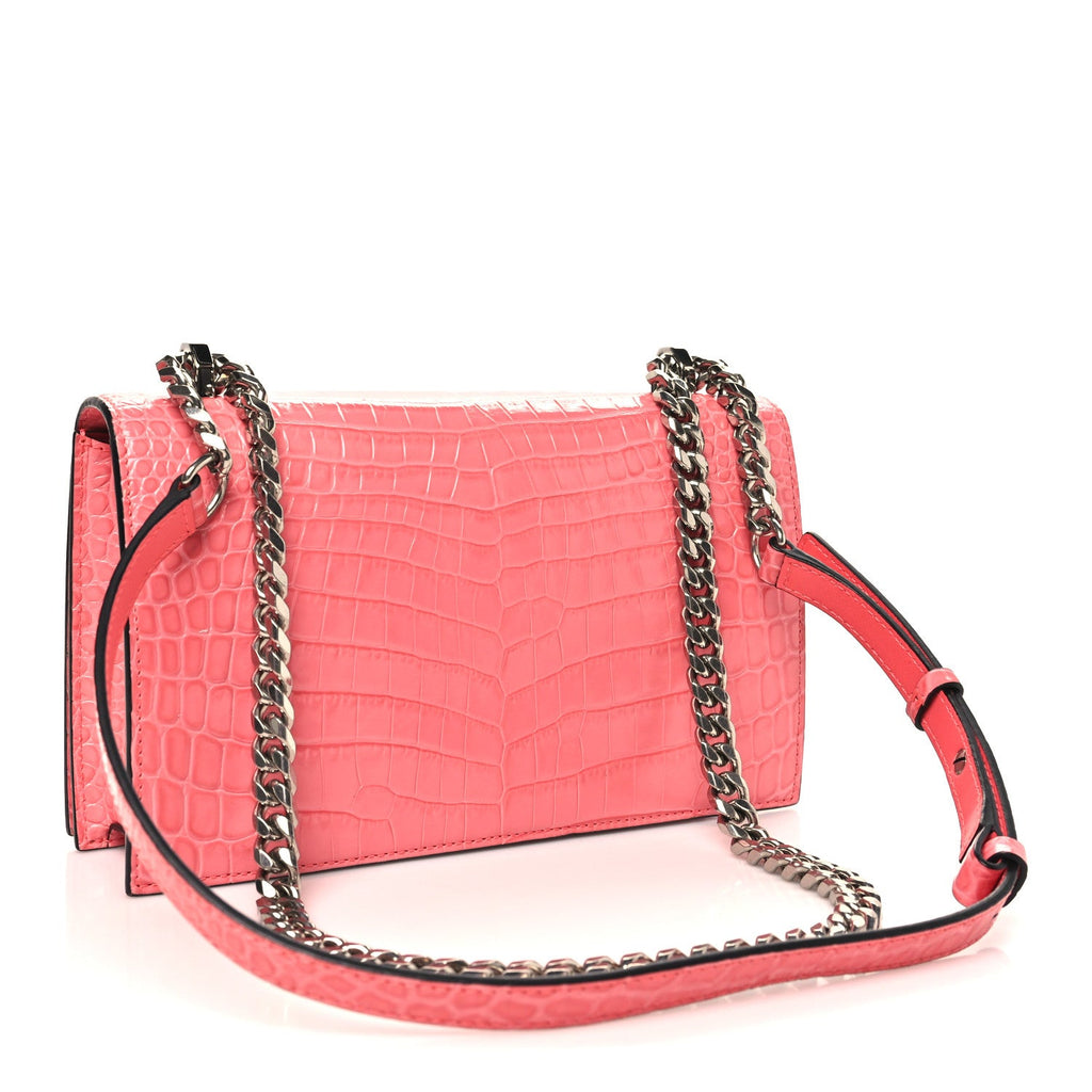 Shiny Crocodile Embossed Jeweled Satchel Pink