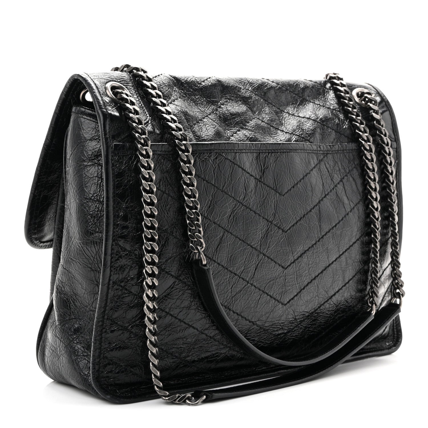 Crinkled Calfskin Matelasse Monogram Large Niki Chain Satchel Black