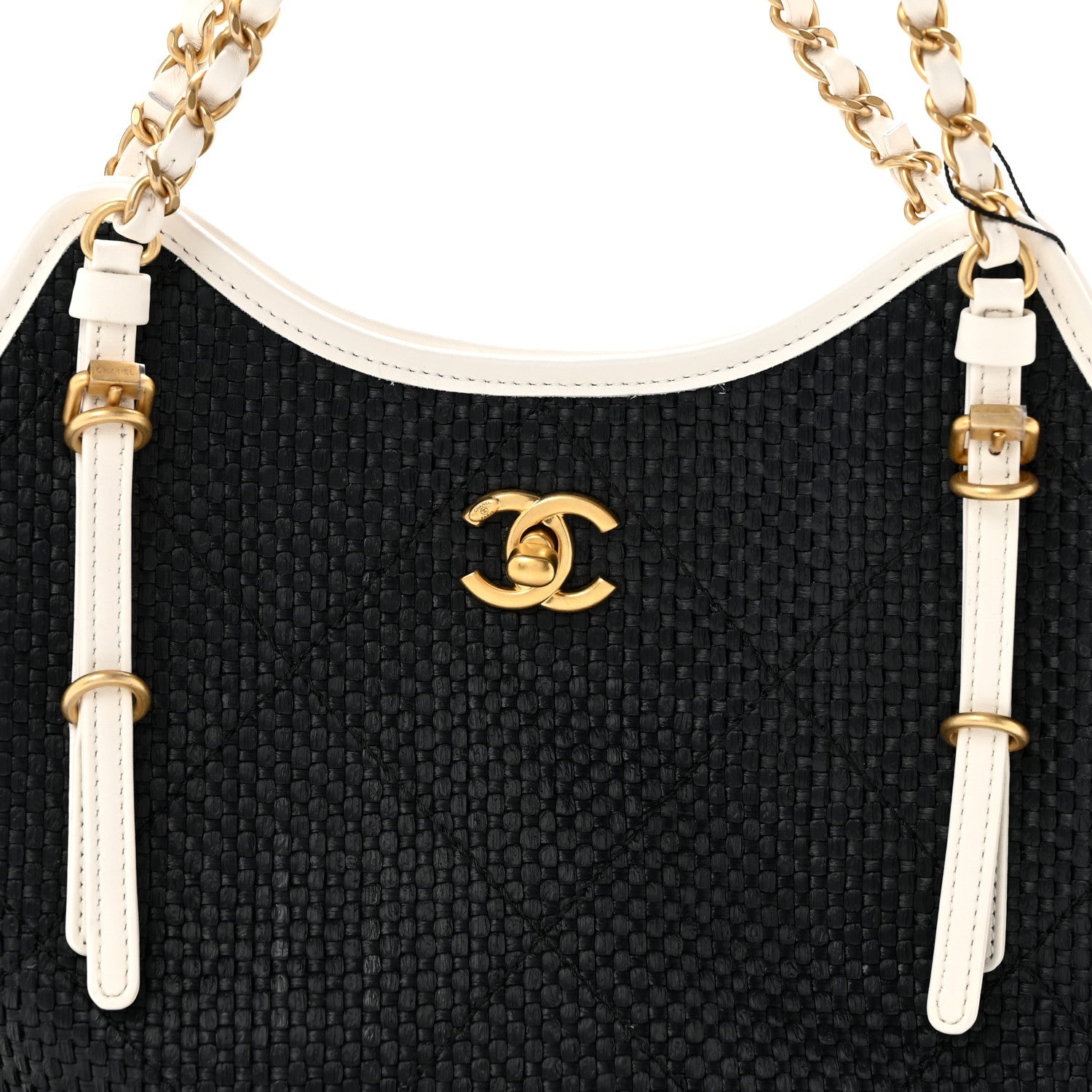 Braided Raffia Calfskin Stitched Small Shopping Tote Black White