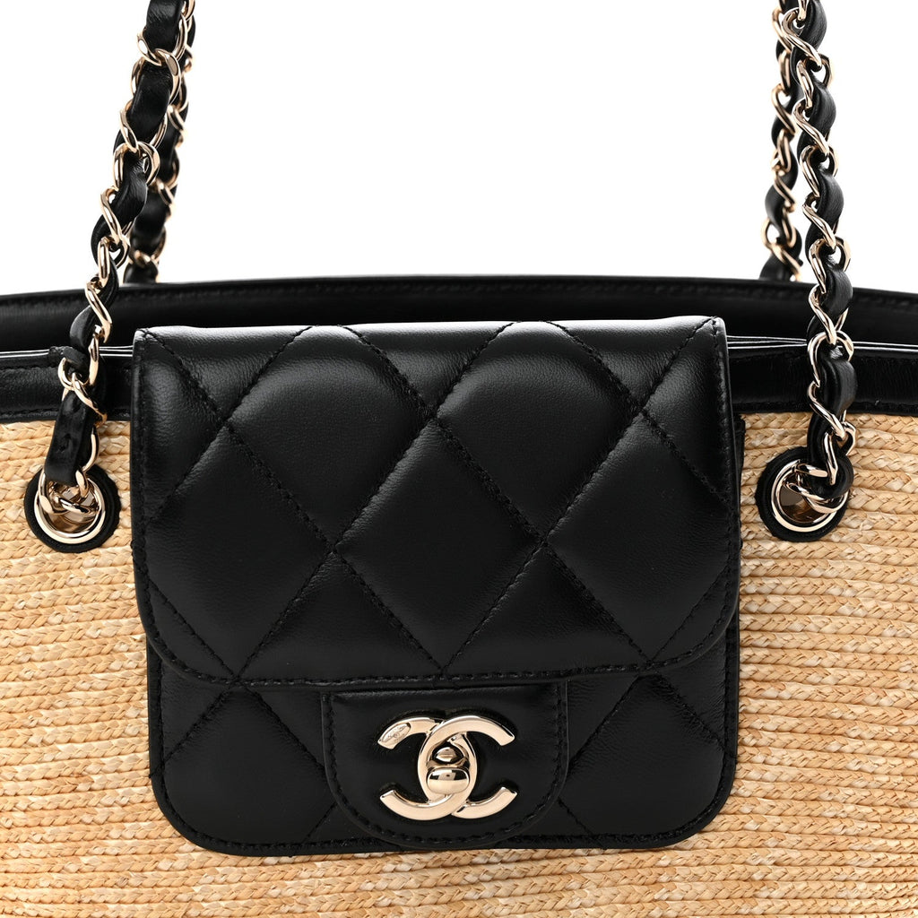 Raffia Braided Lambskin Small Shopping Tote Beige Black Beige Black
