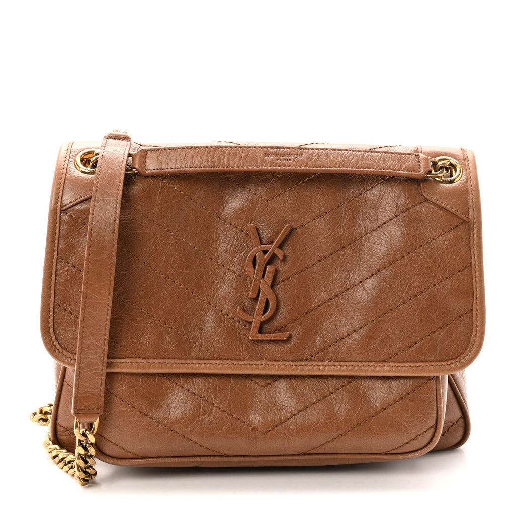 Crinkled Calfskin Matelasse Monogram Medium Niki Chain Satchel Caramel
