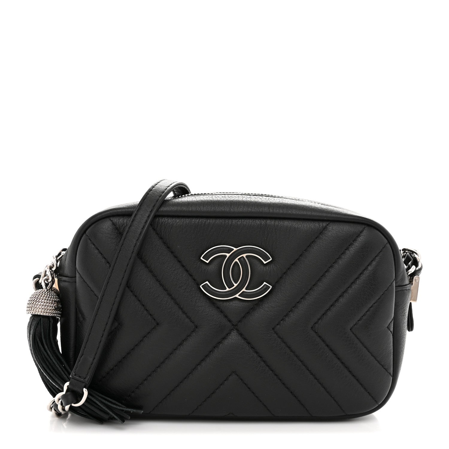 Calfskin Diagonal Chevron Quilted Tassel Camera Case Black
