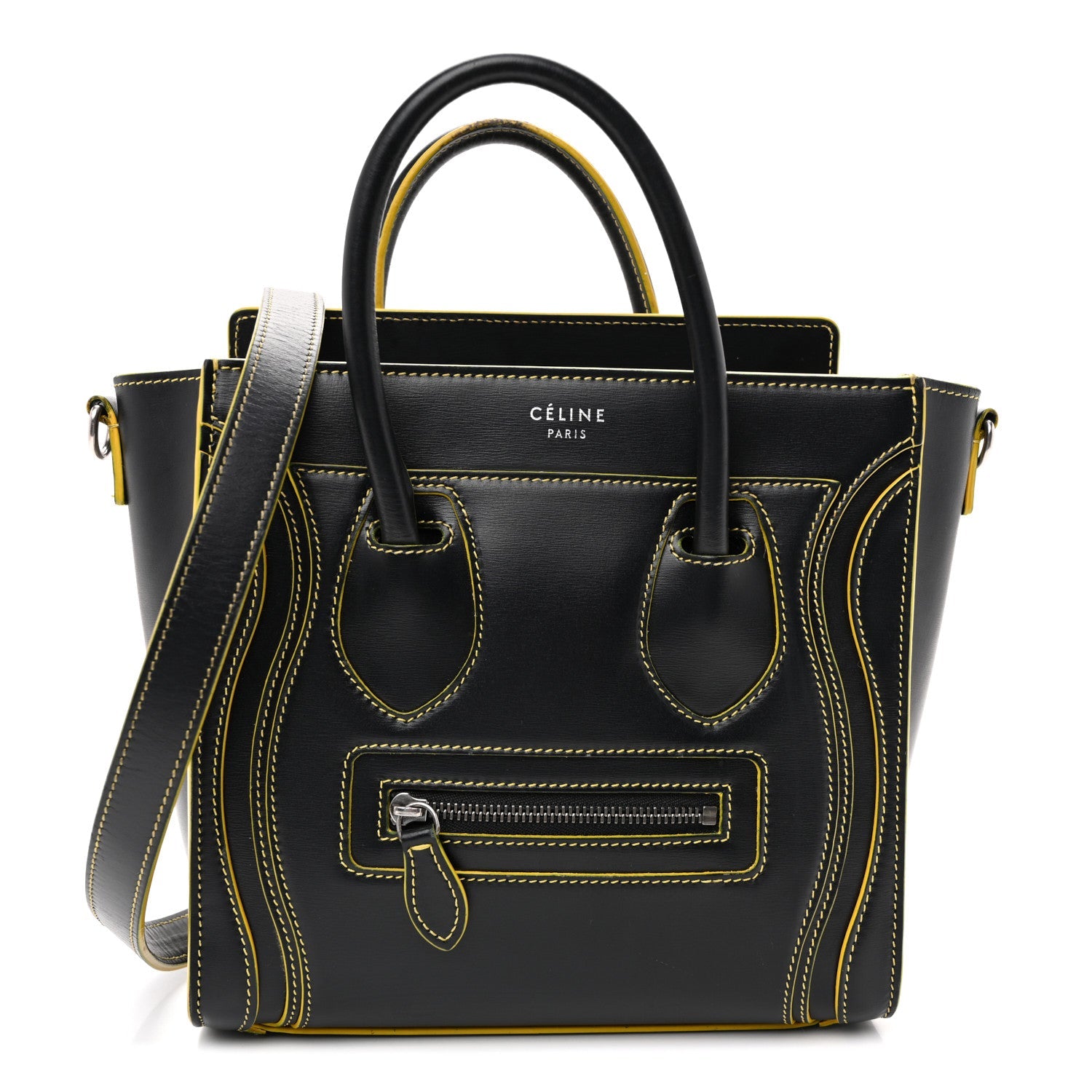Satin Calfskin Nano Debossed Luggage Black Yellow