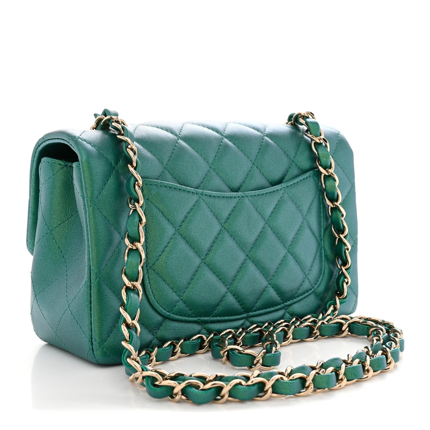 Iridescent Lambskin Quilted Mini Rectangular Flap Green