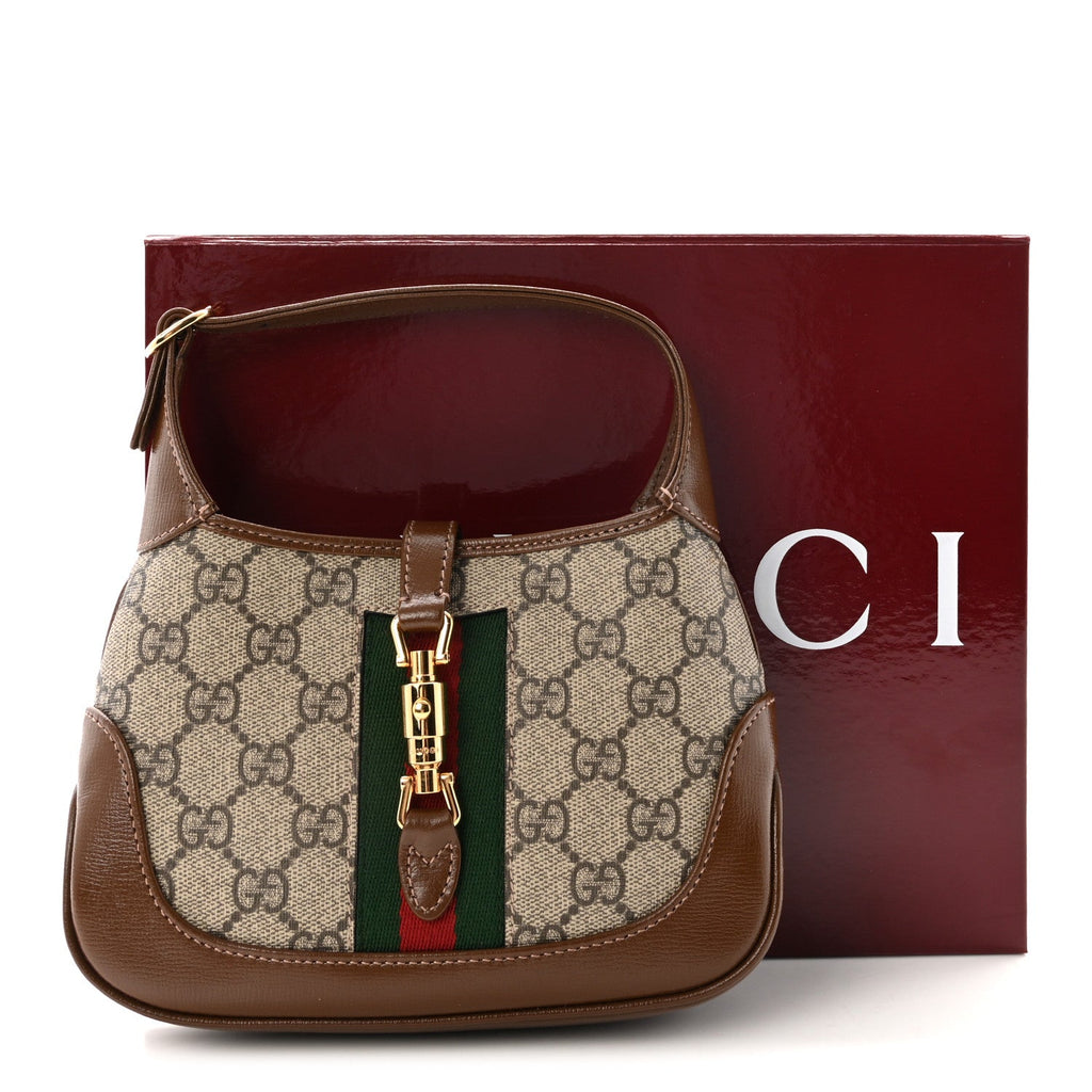 GG Supreme Monogram Azalea Calfskin Web Mini Jackie 1961 Hobo Beige Ebony Brown Sugar