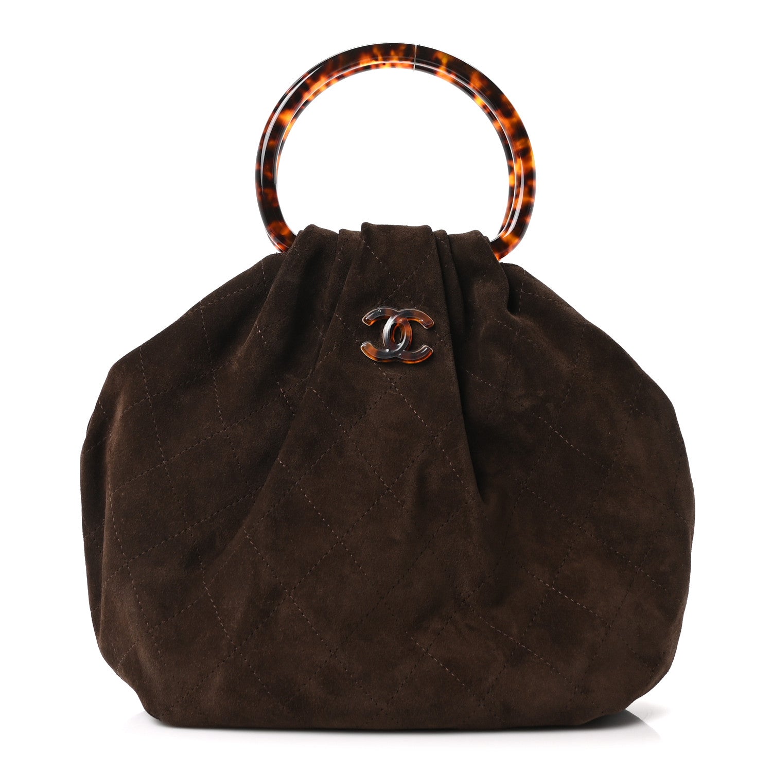 Suede Calfskin Plexiglass Tortoise Shell Quilted Pouch Dark Brown