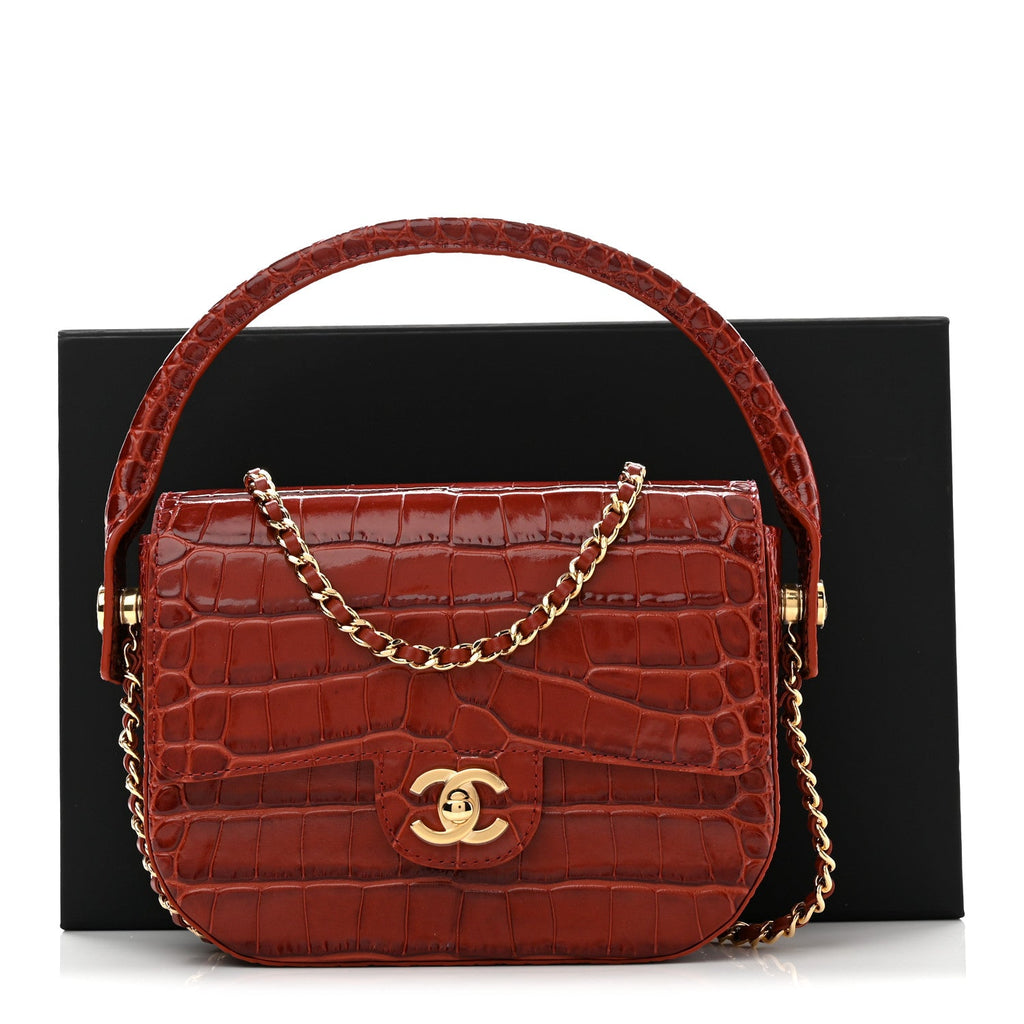 Calfskin Crocodile Embossed Turn Around Mini Flap Grey Burgundy
