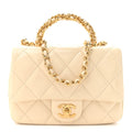 Shiny Lambskin Quilted Golden Links Top Handle Flap White