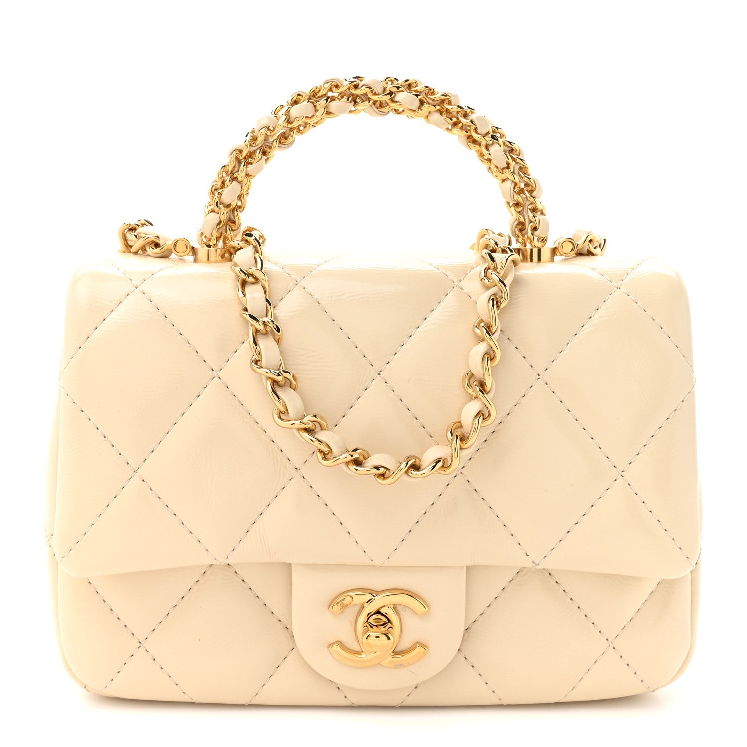Shiny Lambskin Quilted Golden Links Top Handle Flap White