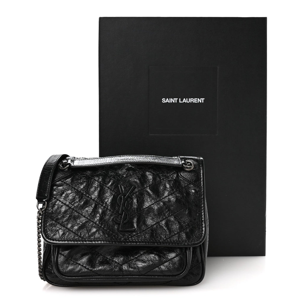 Crinkled Calfskin Matelasse Monogram Baby Niki Chain Satchel Black