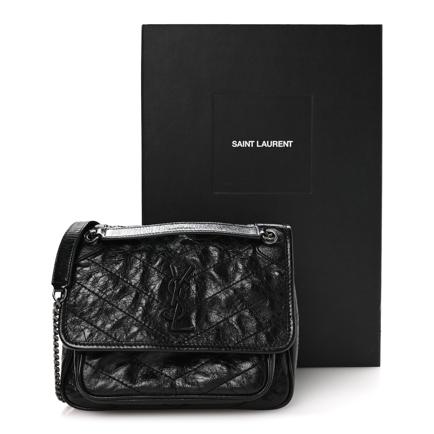 Crinkled Calfskin Matelasse Monogram Baby Niki Chain Satchel Black