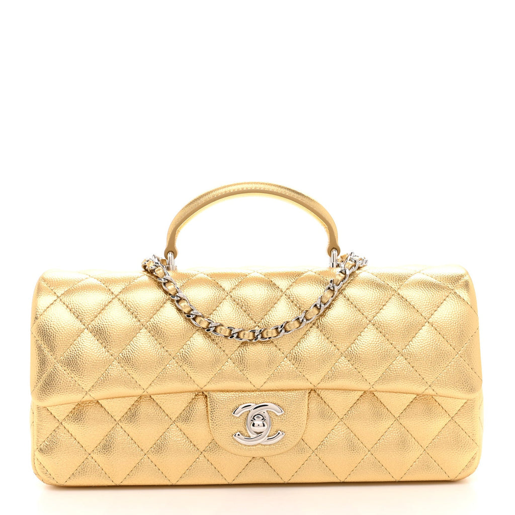Metallic Caviar Quilted Top Handle East West Flap Gold
