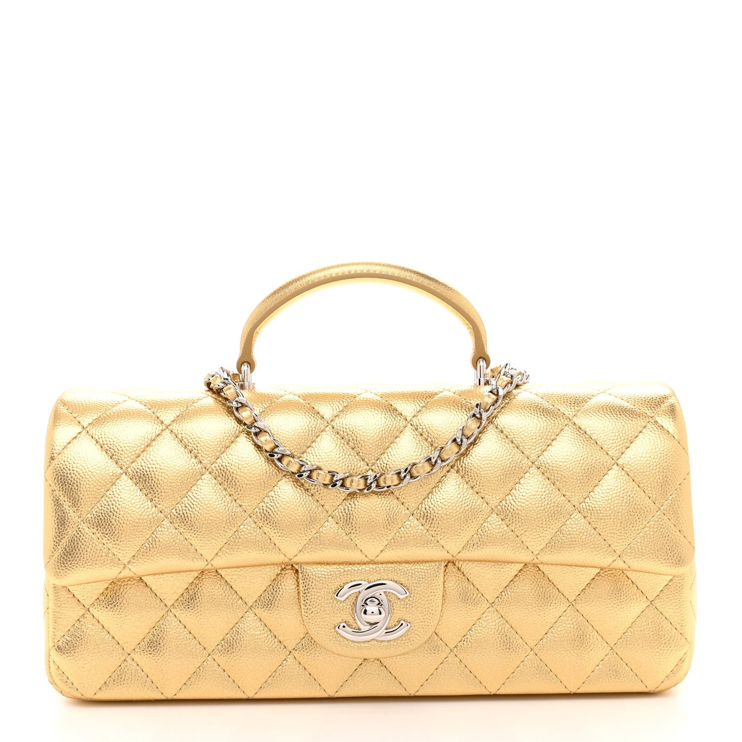 Metallic Caviar Quilted Top Handle East West Flap Gold