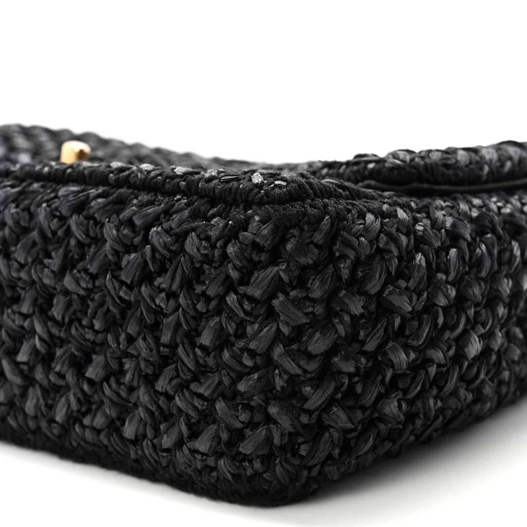 Raffia Crochet Paris Greece Medium Flap Bag Black