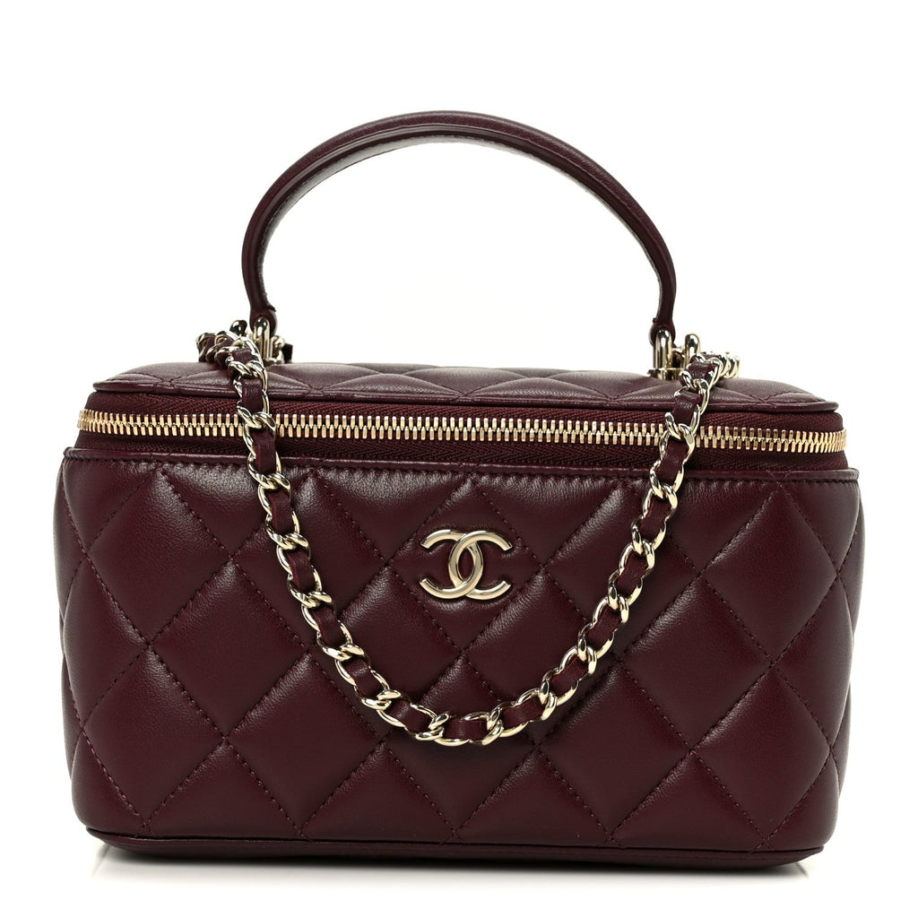Lambskin Quilted Small Top Handle Vanity Case With Chain Burgundy