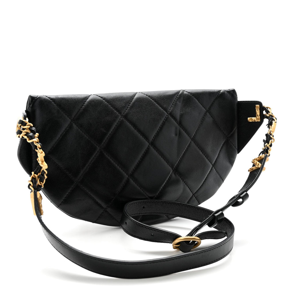 Lambskin Quilted Logo Letter Waist Bag Black