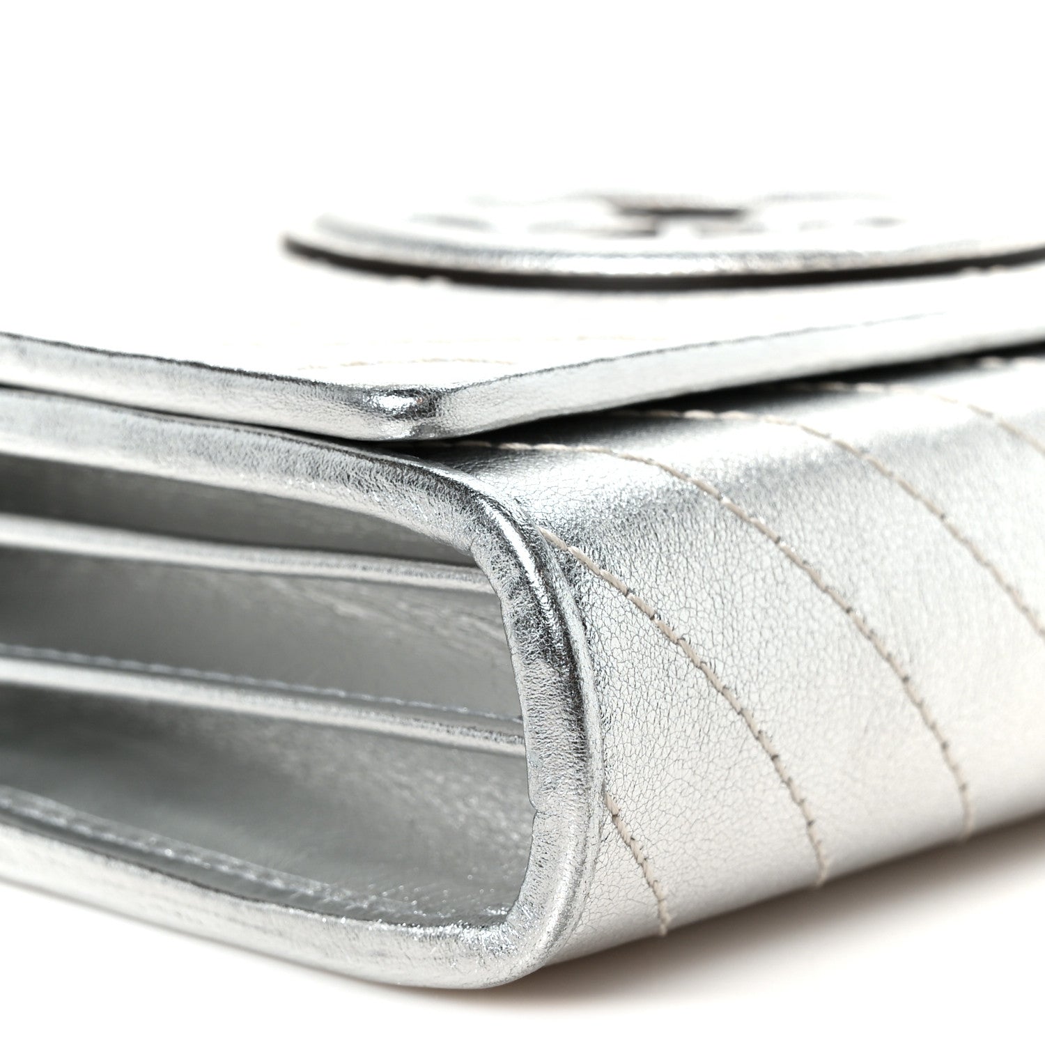 Metallic Sakai Be Green Calfskin Diagonal Stitched Blondie Wallet on Chain Silver