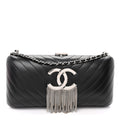 Lambskin Chevron Quilted CC Fringe Clutch Black