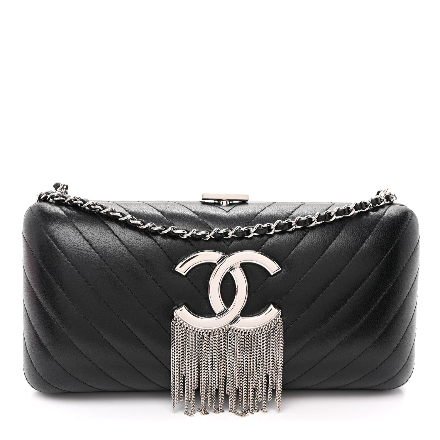 Lambskin Chevron Quilted CC Fringe Clutch Black