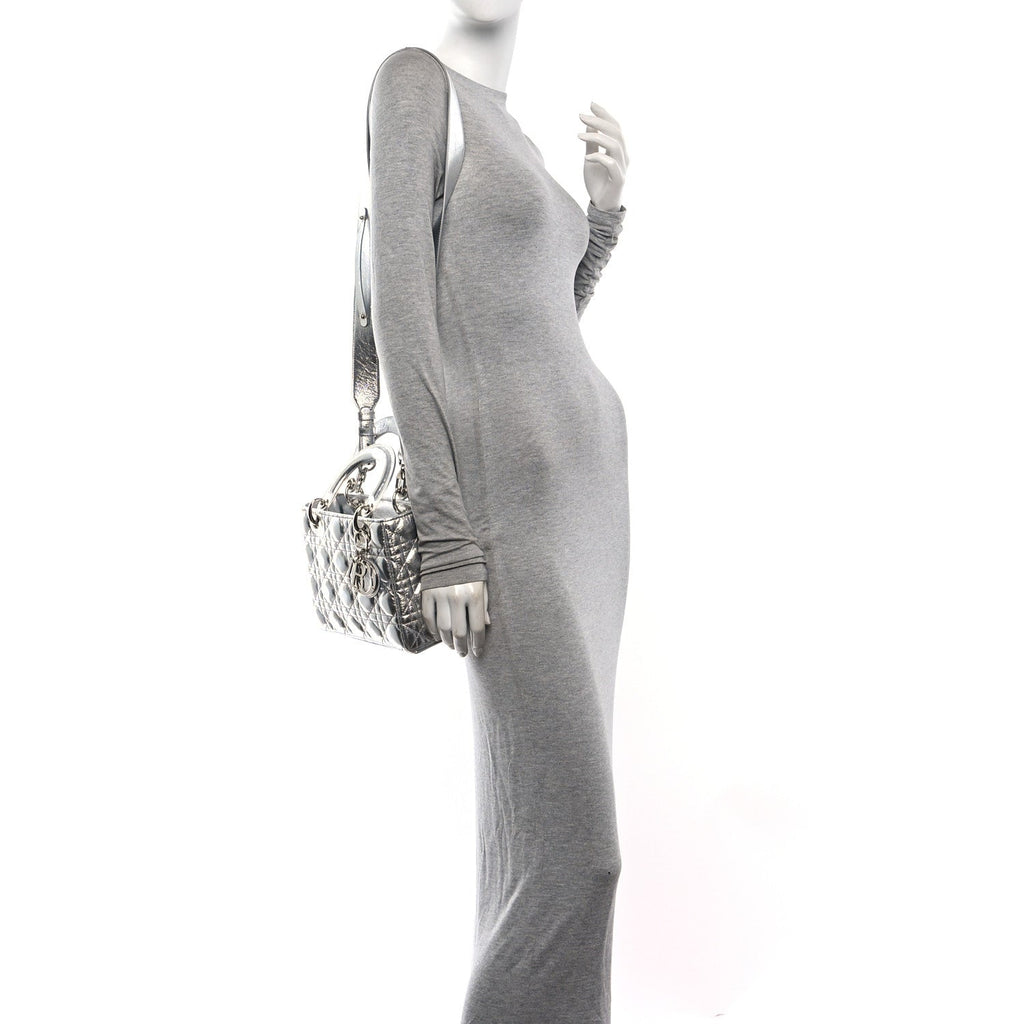 Metallic Grained Calfskin Cannage Small Lucky Badges My Lady Dior Silver