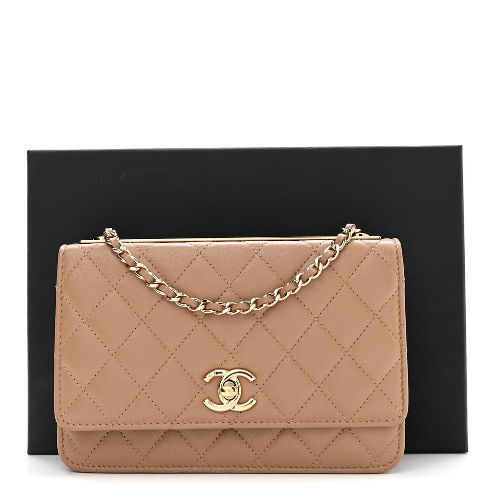 Lambskin Quilted Trendy CC Wallet On Chain WOC Beige