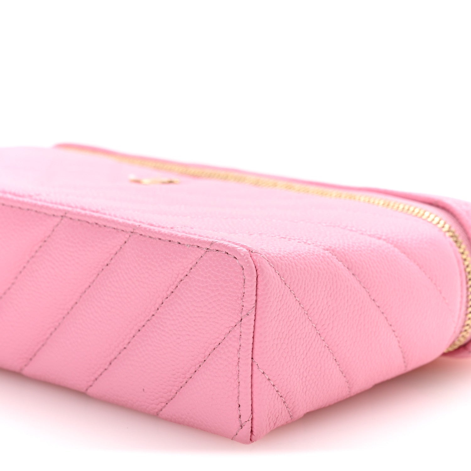 Shiny Caviar Chevron Quilted Top Handle Vanity With Chain Rose